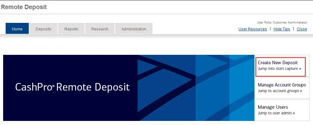 Click the Create New Deposit link.