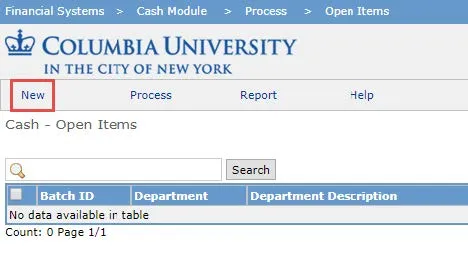 Login to the FinSys/FFE Cash Module.  Select New.