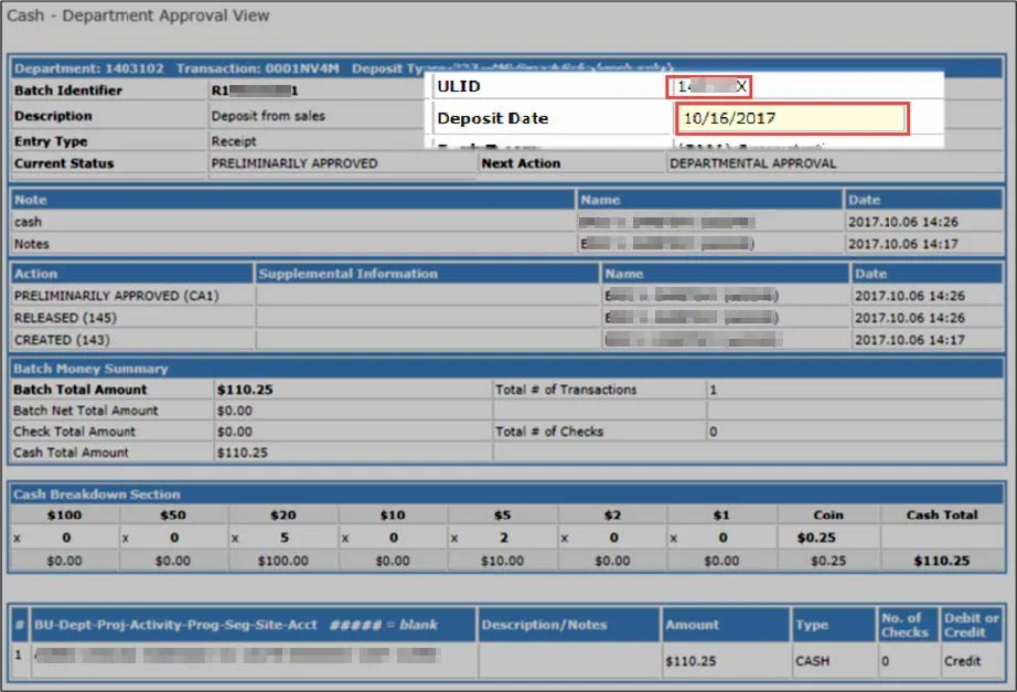 The Cash – Department Approval View appears.