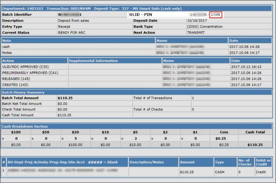 The Cash Deposit Report Detail View appears.