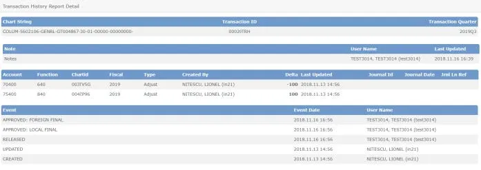 The Transaction History Report Detail screen appears.