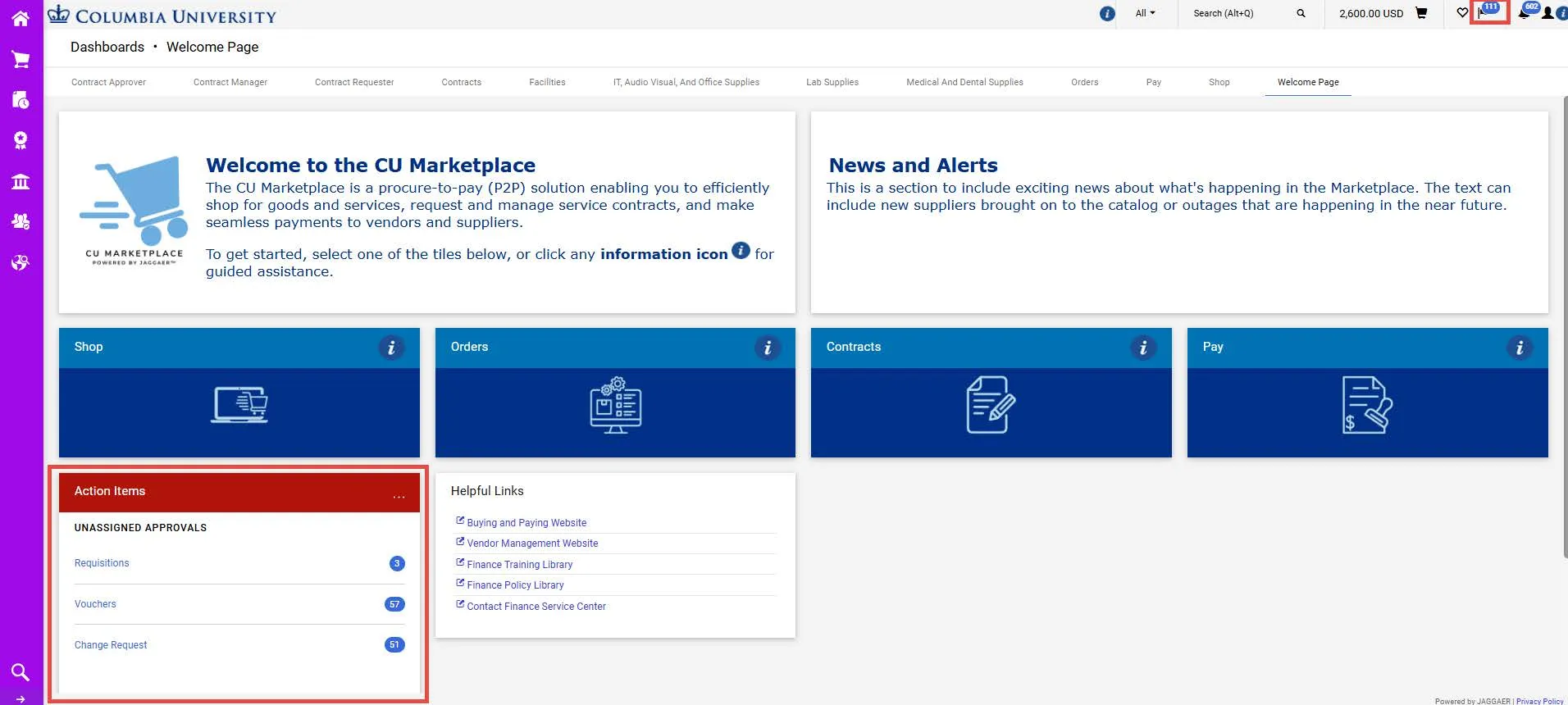 CU Marketplace dashboard welcome page. 
