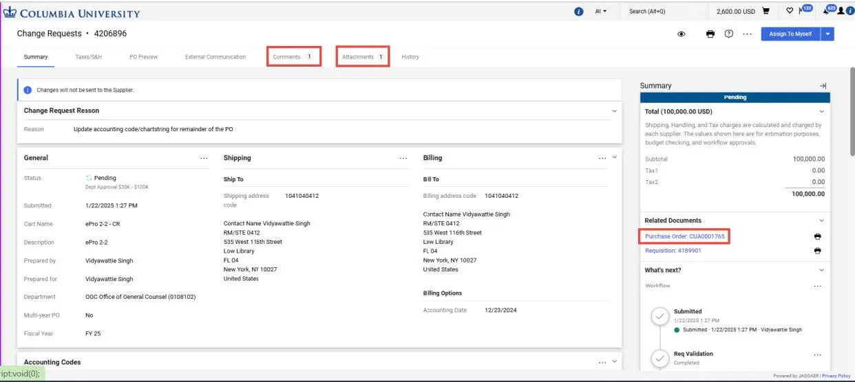 Change Requests dashboard