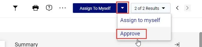 Assign to myself dropdown with the approve link highlighted. 