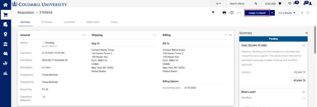 Requisition dashboard with the Assign to Myself button highlighted. 