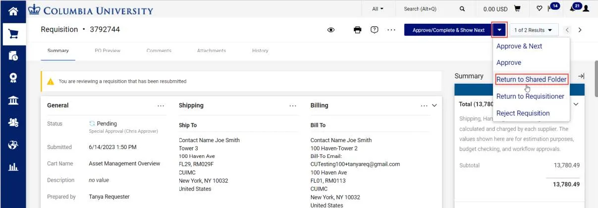 Requisition dashboard with Return to Shared Folder link highlighted. 