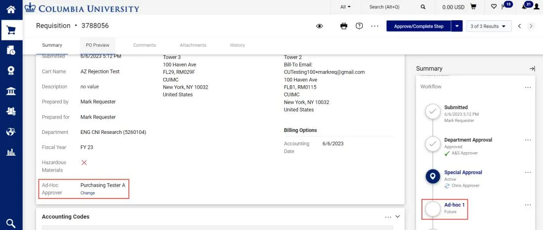 Requisition dashboard with the ad-hoc approver field filled. 