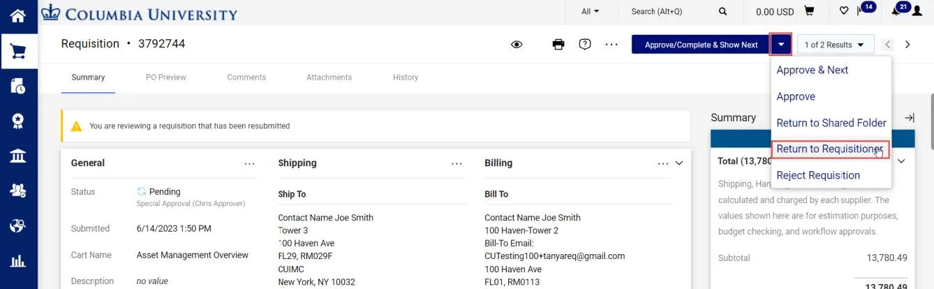 Requisition Dashboard with the Approve/Complete & Show Next drop down with the Return to Requisitioner link highlighted. 