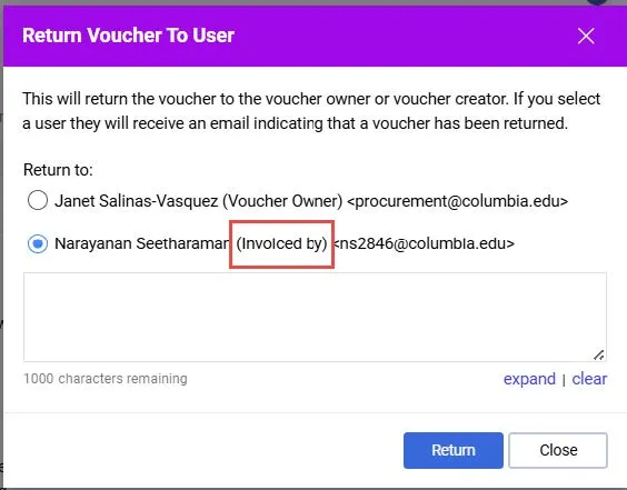 Return Voucher to User window. 