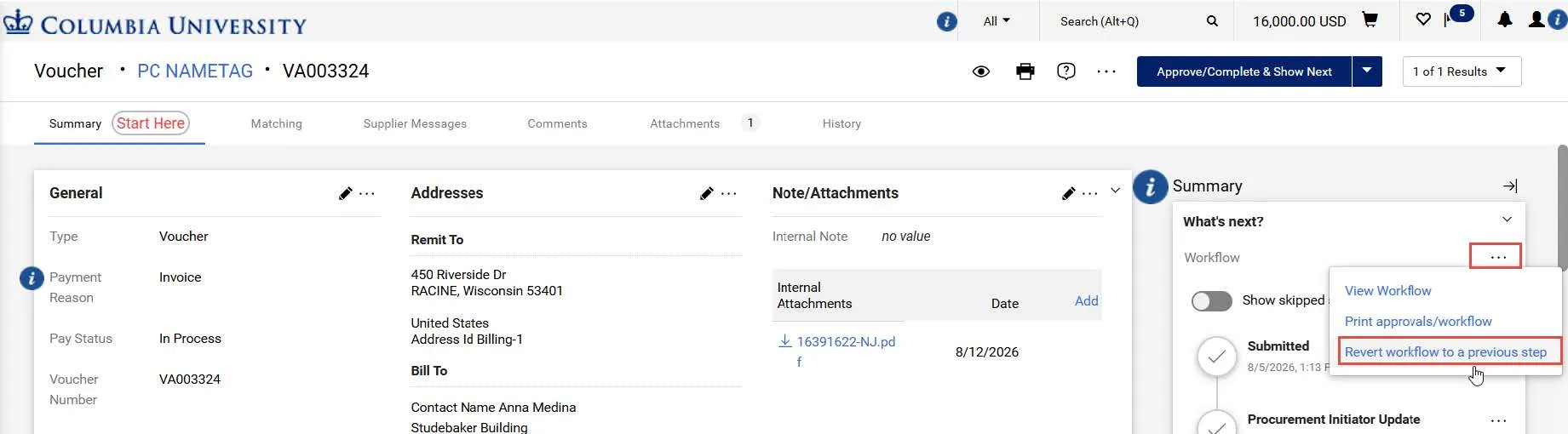 Voucher dashboard with the Revert workflow to a previous step link highlighted. 