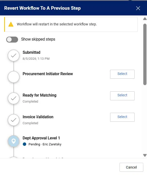 The Revert Workflow window. 