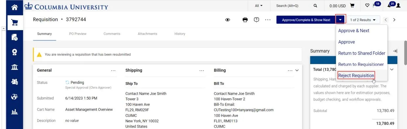 Requisition dashboard with the dropdown arrow next to the Approve/Complete & Show Next button and click Reject link highlighted. 