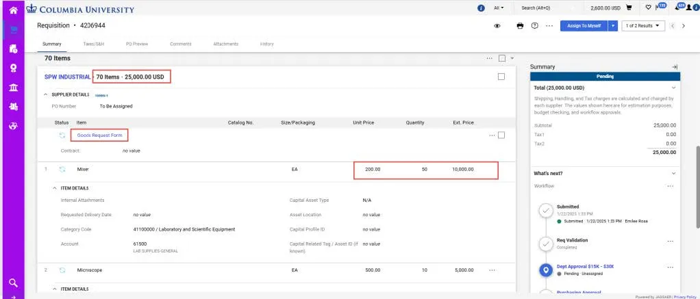 Requisition dashboard