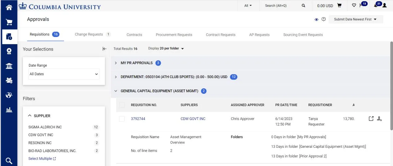 The Requisitions tab on the Approvals screen appears.