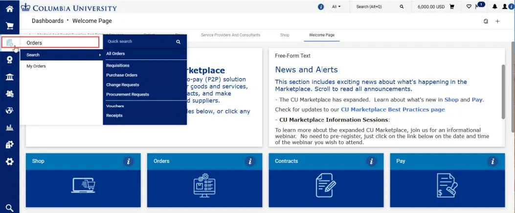 The CU Marketplace dashboard with the orders icon highlighted. 