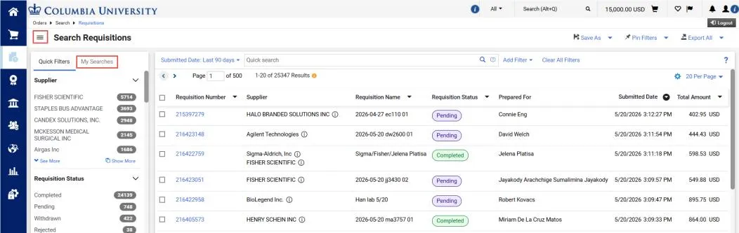 Requisitions screen with My Searches highlighted.