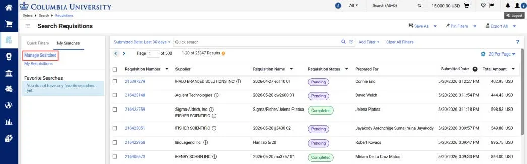 Search requisitions screen with Manage Searches header highlighted. 