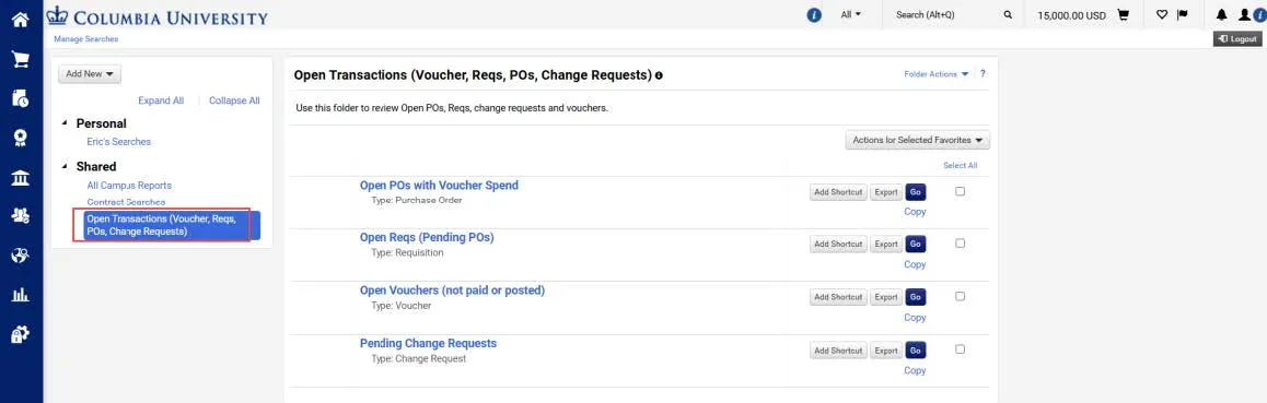 The Manage Searches screen with Personal and Shared Search Folders highlighted.