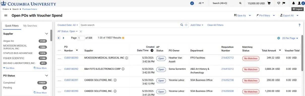 The Open POs with Voucher Spend Search screen. 