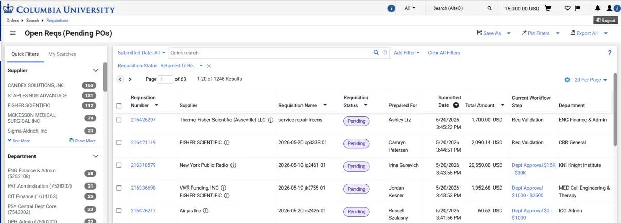 Open Reqs (Pending POs) Search screen. 