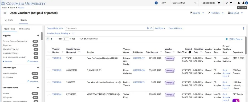 Open Vouchers (not paid or posted) Search screen. 