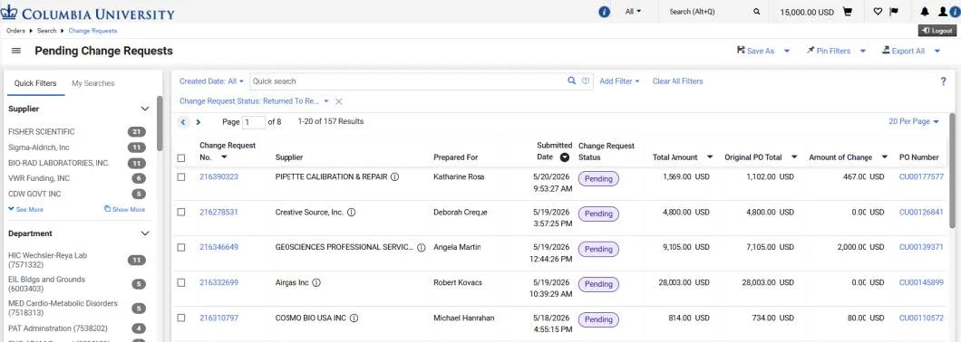 Pending Change Requests Search screen.