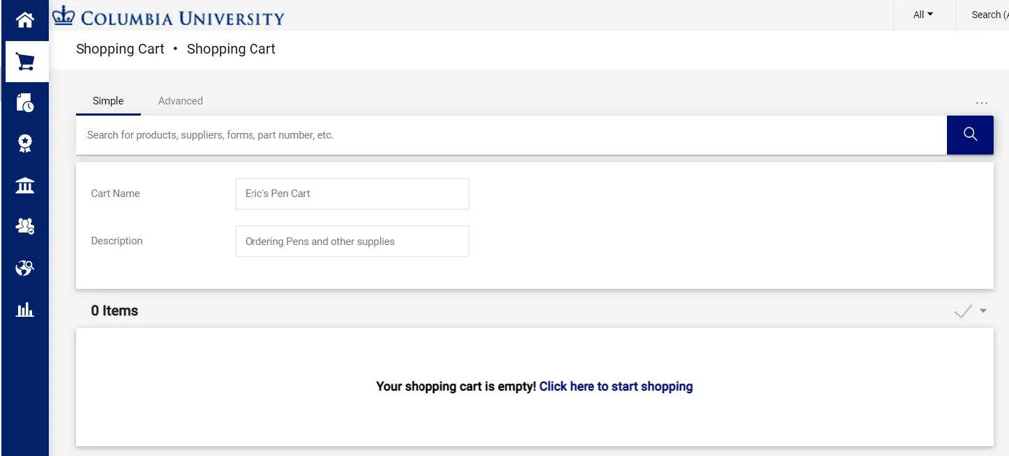 The Shopping Cart page appears for the new cart.