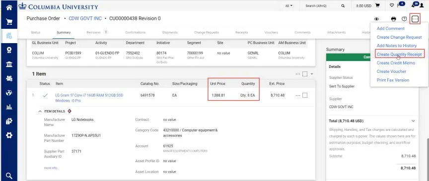 In the example, a Catalog line item requires receiving because the total amount has a quantity of 8 items that totals over $5000. 