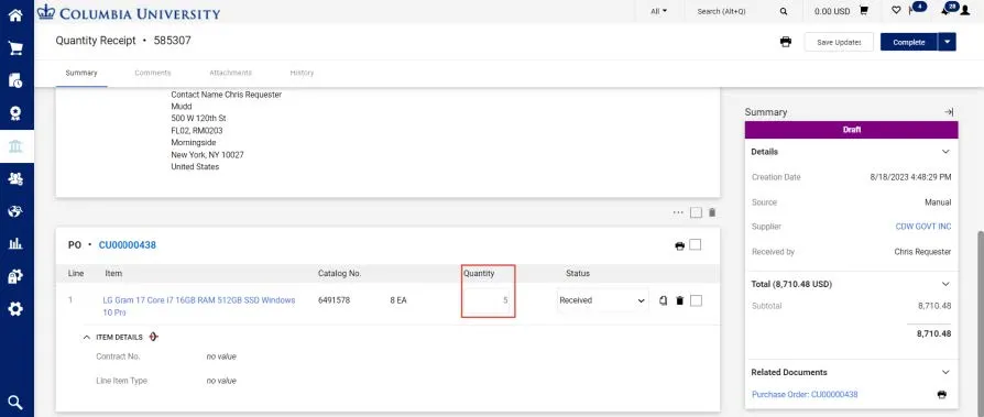 If you partially received the total quantity, enter the number in the Quantity field for what you actually received and click the Complete button.
