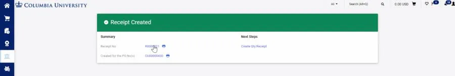 A confirmation screen appears for the Receipt you created.