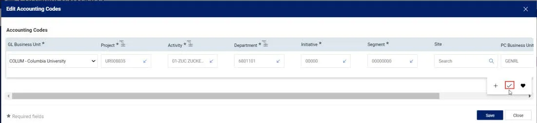 The Edit window will appear. It will display the default or populated ChartFields.