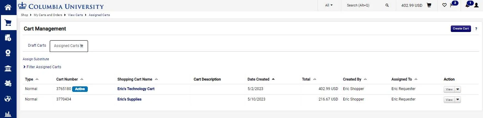 The Cart Management screen and Assigned Carts list appears. The cart labeled Active is the Cart that you are currently working.