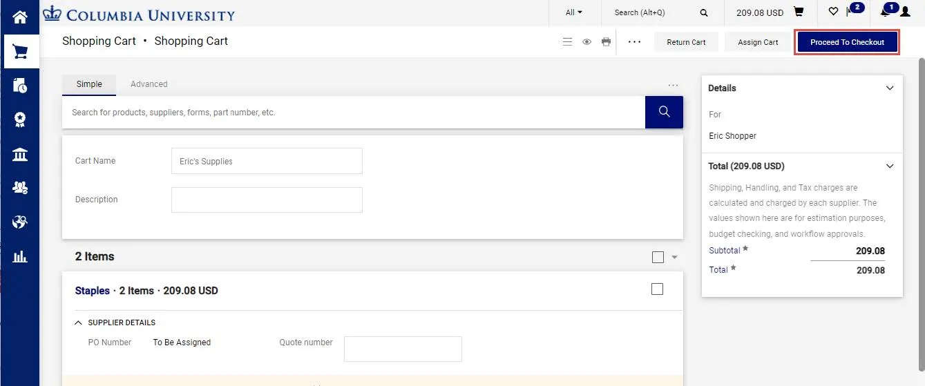 On the Shopping Cart page, click the Proceed to Checkout button