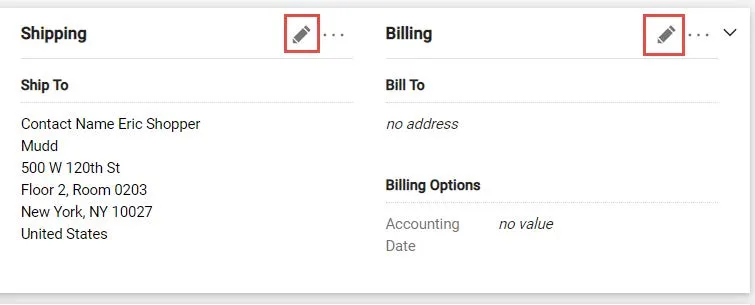 On the Checkout screen, click the Edit icon for Shipping or Billing. 