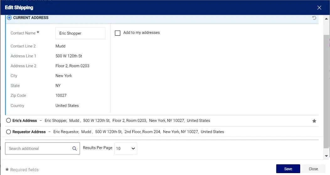 The Edit window will appear for the respective item you selected. It will display the Current Address populated, if any, and a selection of Favorites you created in you profile, if any.