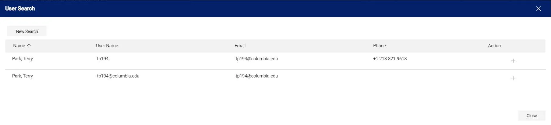 Enter the search criteria and click the Search button to view results. The Requester(s) appear in the search results.