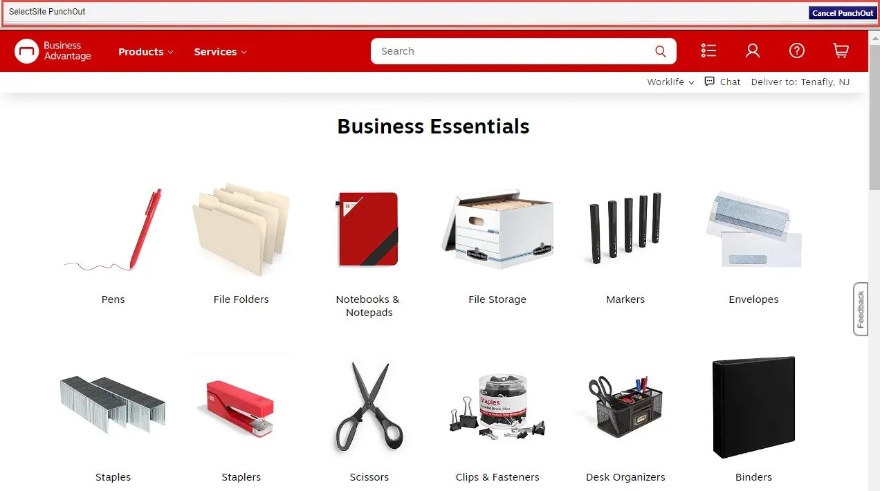 Example of "punching out" to the vendor website. In this example, it is the Staples Business Essentials webpage. 