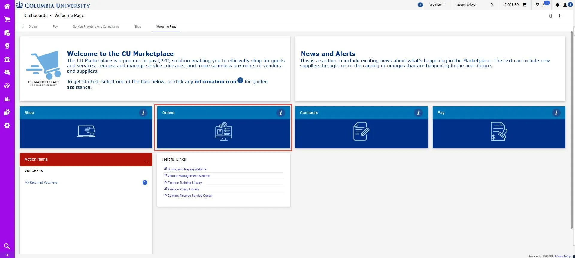 CU Marketplace dashboard with the orders tile highlighted. 