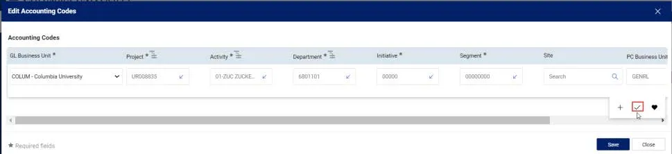 Edit accounting codes window. 