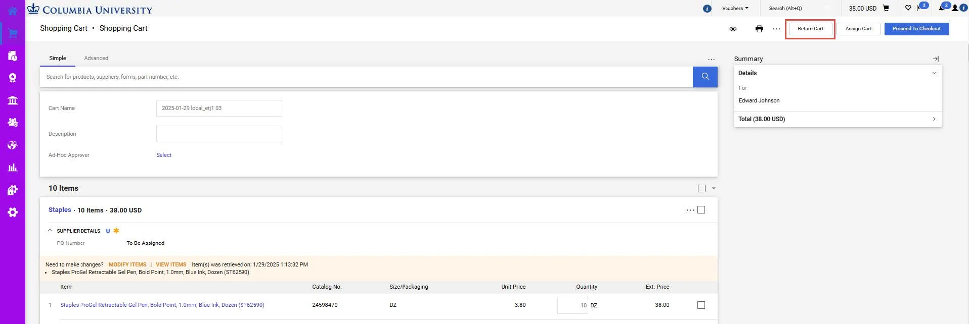CU Marketplace Shopping Cart Screen