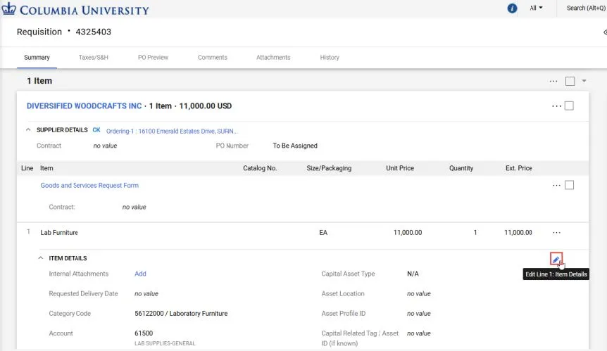 CU Marketplace requisition screen with Edit Line Details icon highlighted. 