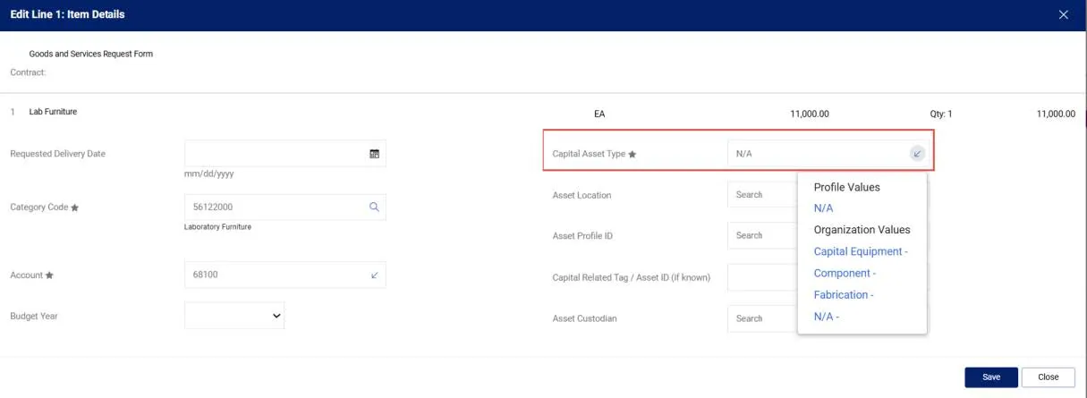 Item Details screen with the Capital Asset Type dropdown highlighted. 