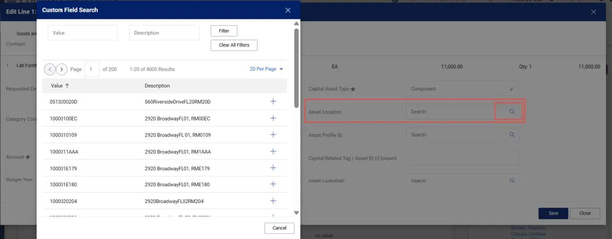 Custom field search window. 