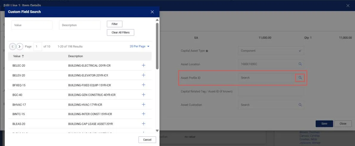 Custom field search window. 