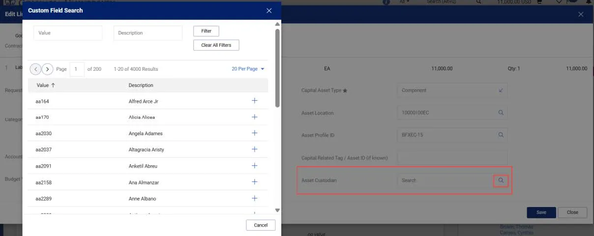 Custom field search window. 