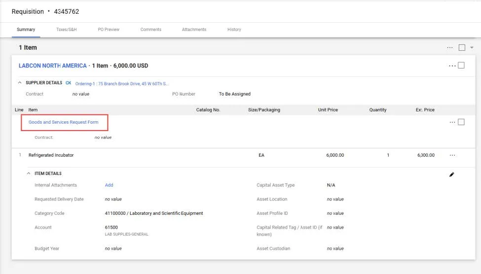 The requisition page with the Goods and Services Form link is highlighted. 