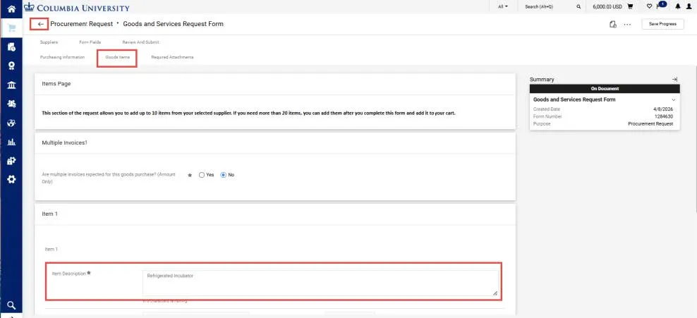 From the Navigation tabs, click the Form Fields tab and the select Goods Item (or Service Item) link.