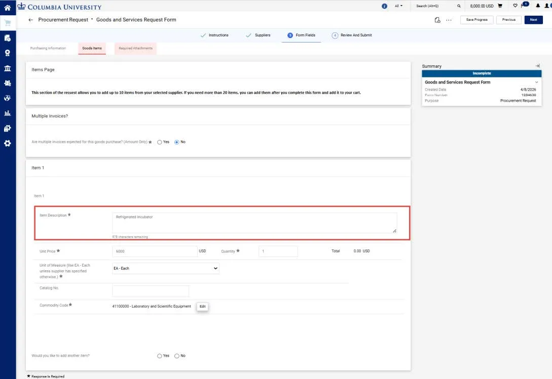 Screenshot of the Goods and Services Request form with the new item description field highlighted. 