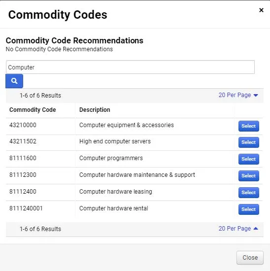 The Commodity Codes search window appears.