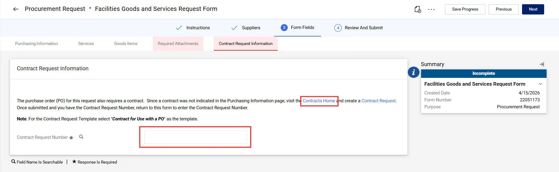 Contract Request Information page